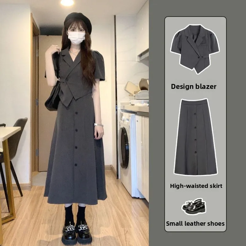 

Gray Suit Waist-Cinching Dress Women's Fashion Set Summer 2026 Slimming Professional Skirt Two-Piece Suit Polyester Short Sleeve