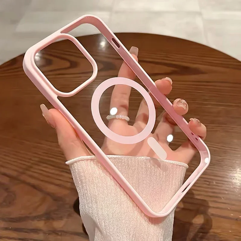 Neue rosa transparente Acryl hülle für iPhone 16 15 14 13 12 11 Pro Max 16 plus harte stoß feste, leistungs starke magnetische Magsafe-Abdeckung