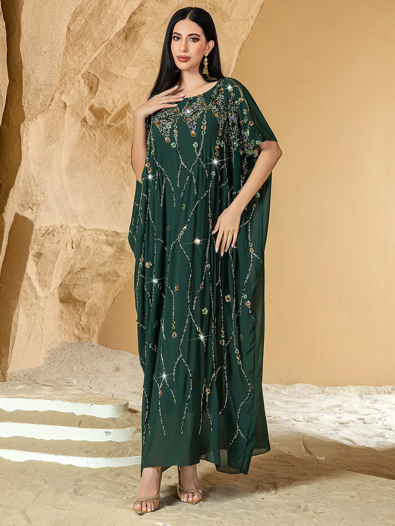 Eid Ramadan Women Morocco Sequins Embroidery Abayas Short Sleeve Dresses Jalabiya Dubai Turkey Kaftan Muslim Loose Caftan Robes