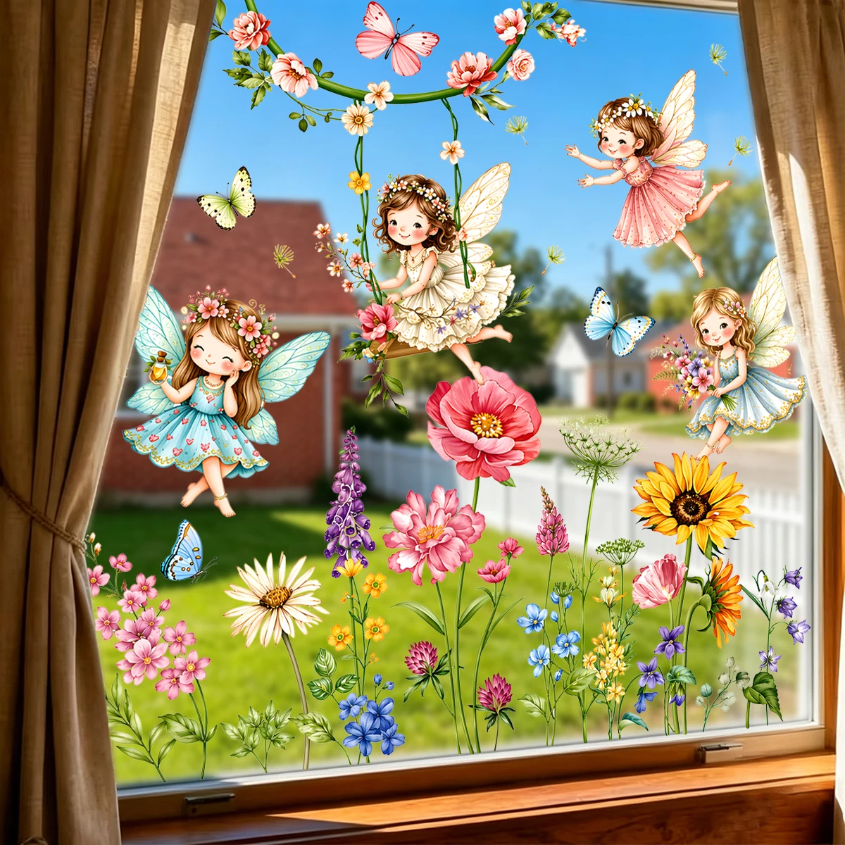 Adhesivos Decorativos para Ventana con Diseño de Hadas y Flores, Adhesivos Estáticos de Mariposas y Flores de Jardín Primaveral, Removibles, para Habitación de Niñas, Decoración del Hogar