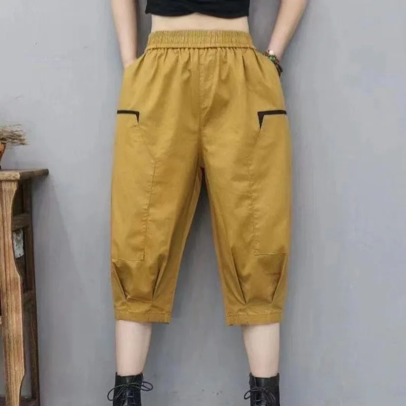 Elastic High Waist 2024 Summer New Women\'s Patchwork Fashion Solid Color Pockets Folds Loose Casual Versatile Western Capris