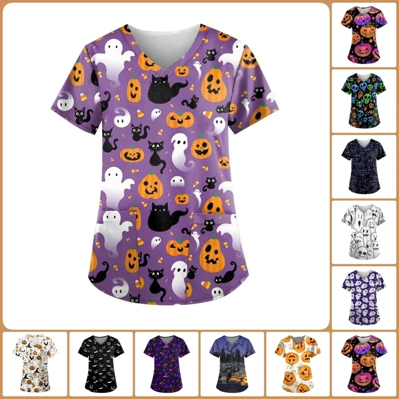 Halloween Cartoon Print Nurse Women's Short Sleeve ShirtVCollarTMedical workwear shirt with pockets dental nurse uniform