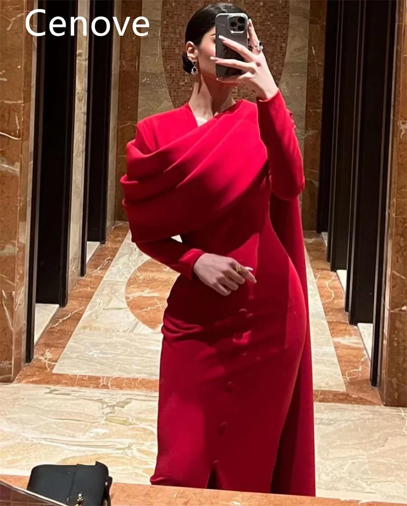 Cenove Red V Neckline Tight Prom Dress  Long Sleeves And Split Ankle Length With Shawl Evening Summer Party Dress For Women