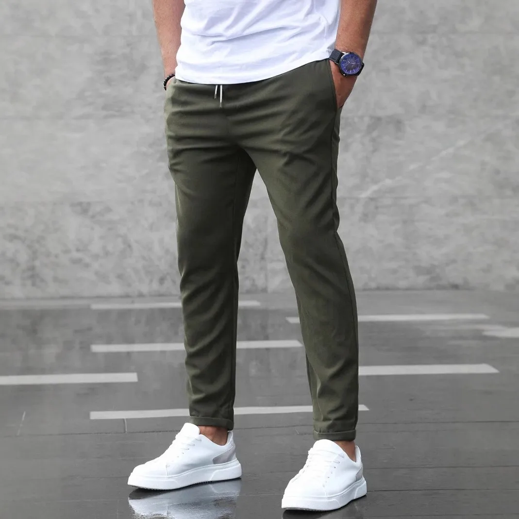 Olive Green Slim Fit Pants Cropped Mid Waist Trousers Lightweight Cuffed Hem Casual Pants Khaki Navy Blue Men's Chinos Pants