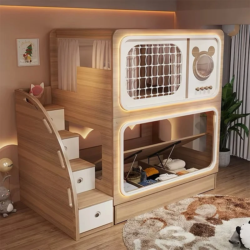 Tempat Tidur Susun Anak Warna Kayu, Tempat Tidur Twin-over-Twin untuk Ruangan Sempit, Tempat Tidur Susun Orang Tua-Anak untuk Anak-Anak