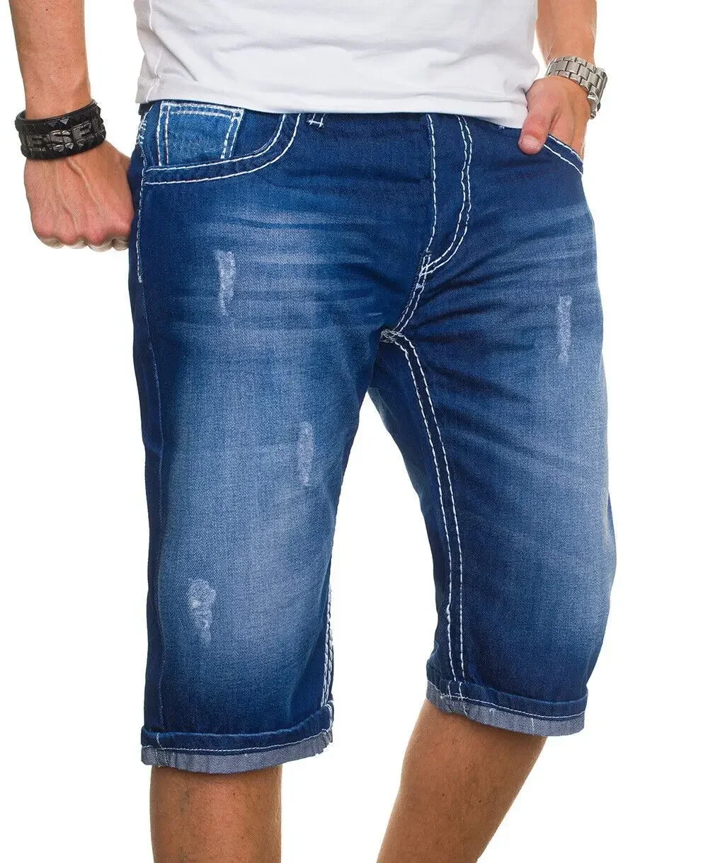 Summer New Fashion Men's Casual Trendy Blue Solid Color Elastic Skinny Jeans Shorts Slim Denim Knee Length Pants Slim Streetwear
