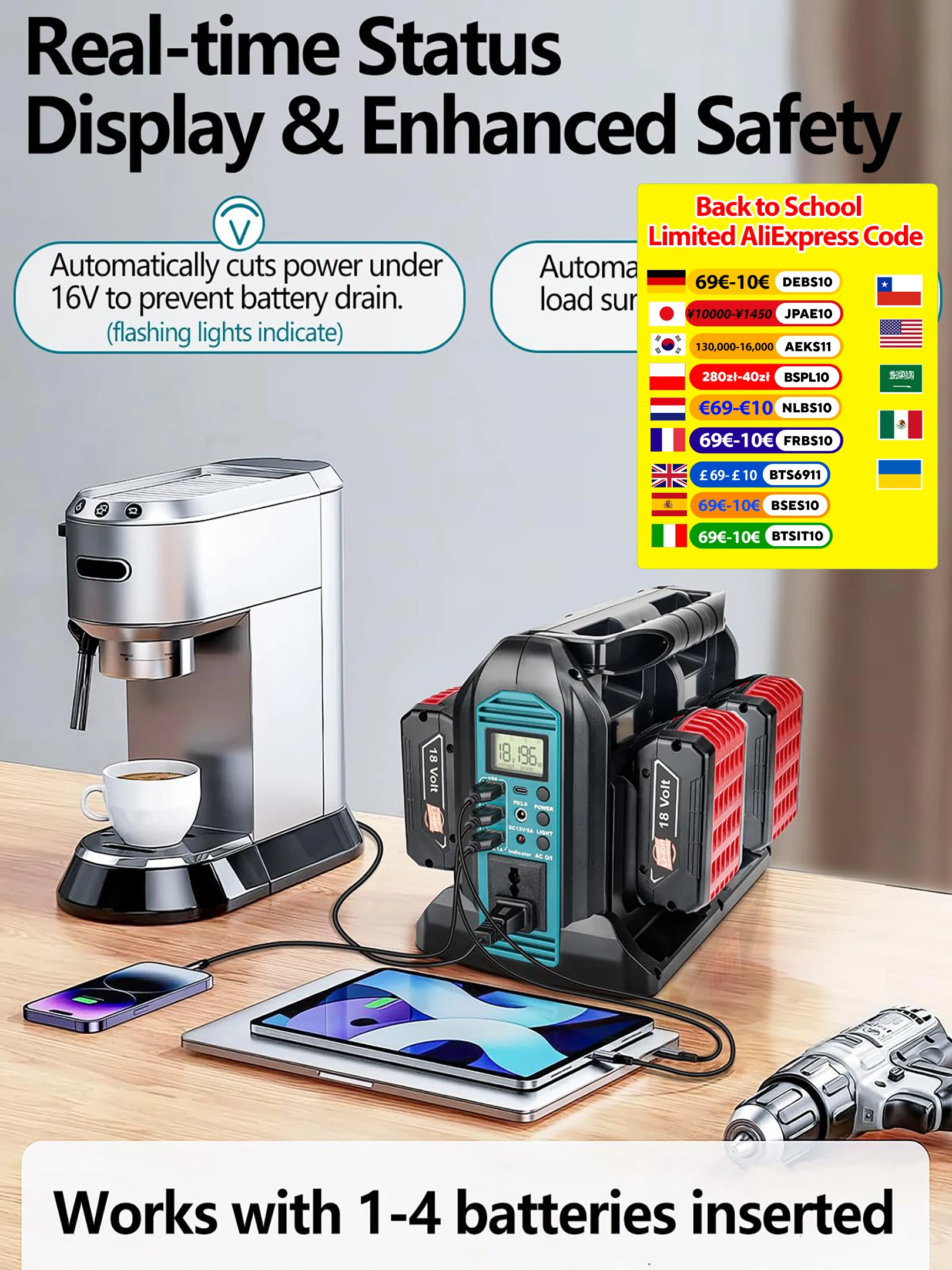 

350W Power Inverter for Bosch 18v Battery DC 18V to AC 110-120V/220-230V Pure Sine Wave Battery Inverter for Camping Emergency