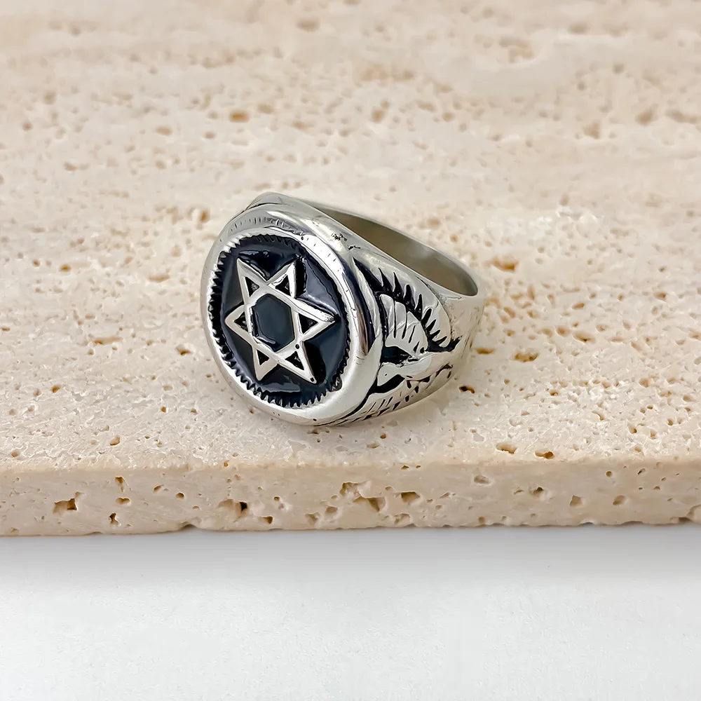 Vintage Star of David Ring for Men Stainless Steel Jewish Eagle Signet Ring Punk Black Enamel Biker Religious Jewelry Gift - view 4