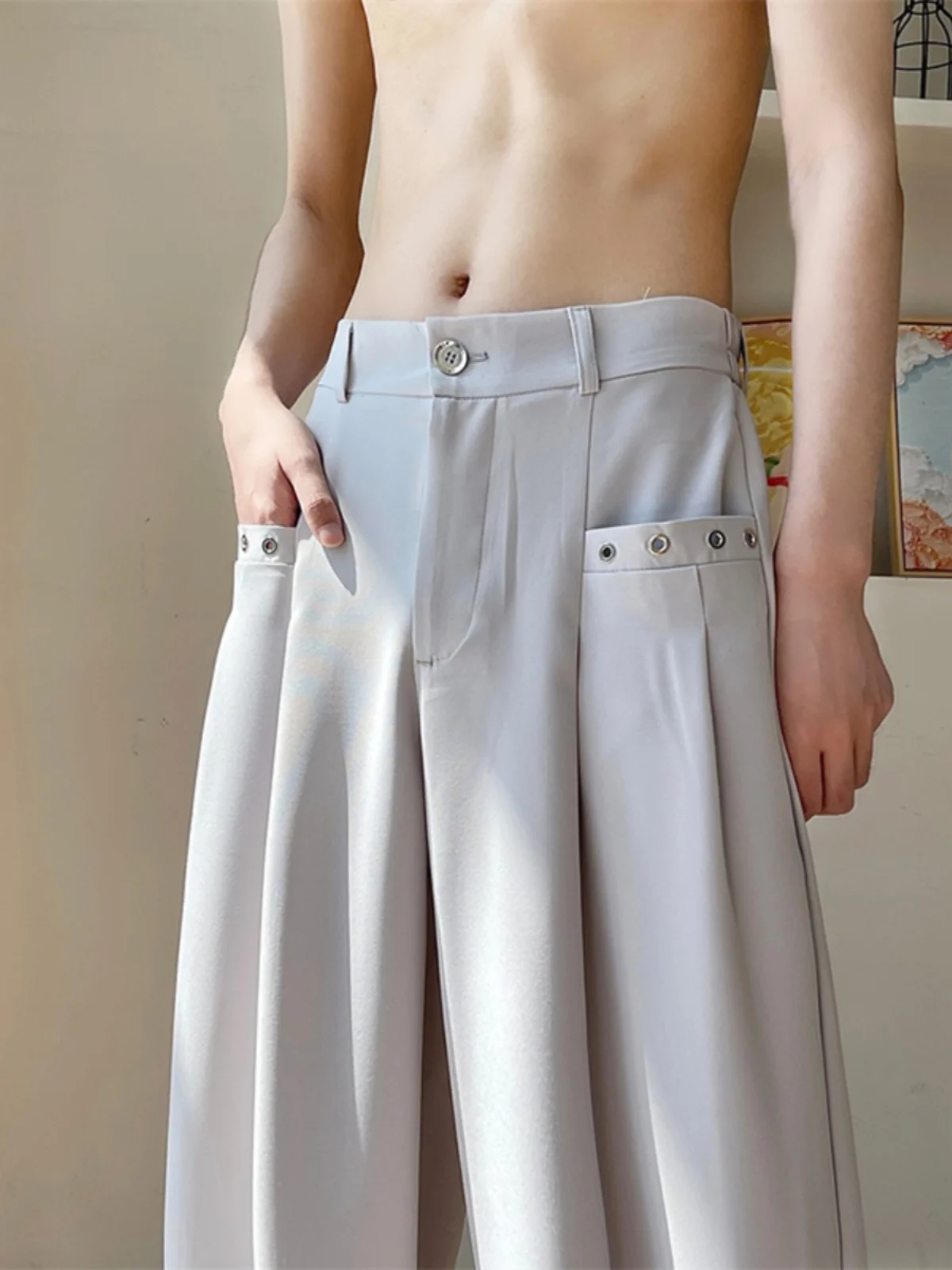 ey Rivet Straight Leg Men's Casual Pants Spring Season Slimming Drapey Look Faionable Youthful Sle Anti-Wrinkle Long Tr...