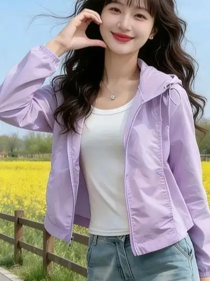 

Korean Style Summer Hat Women's Casual Short Length Sun Protection Outerwear Sweet Cool Cool Zipper Closure Long Sleeve Coat
