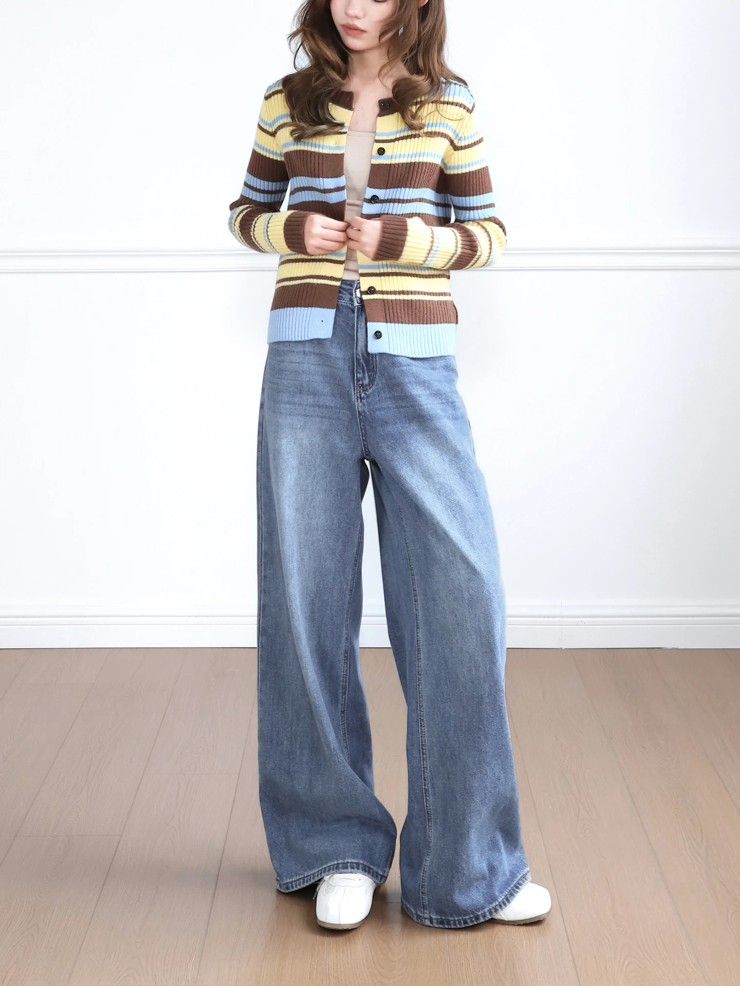 

Spring ort Knitted Rainbow Stripe mat Patchwork Color Knit Cardigan Versatile Casual Sle Soft Long Sve Women's Top