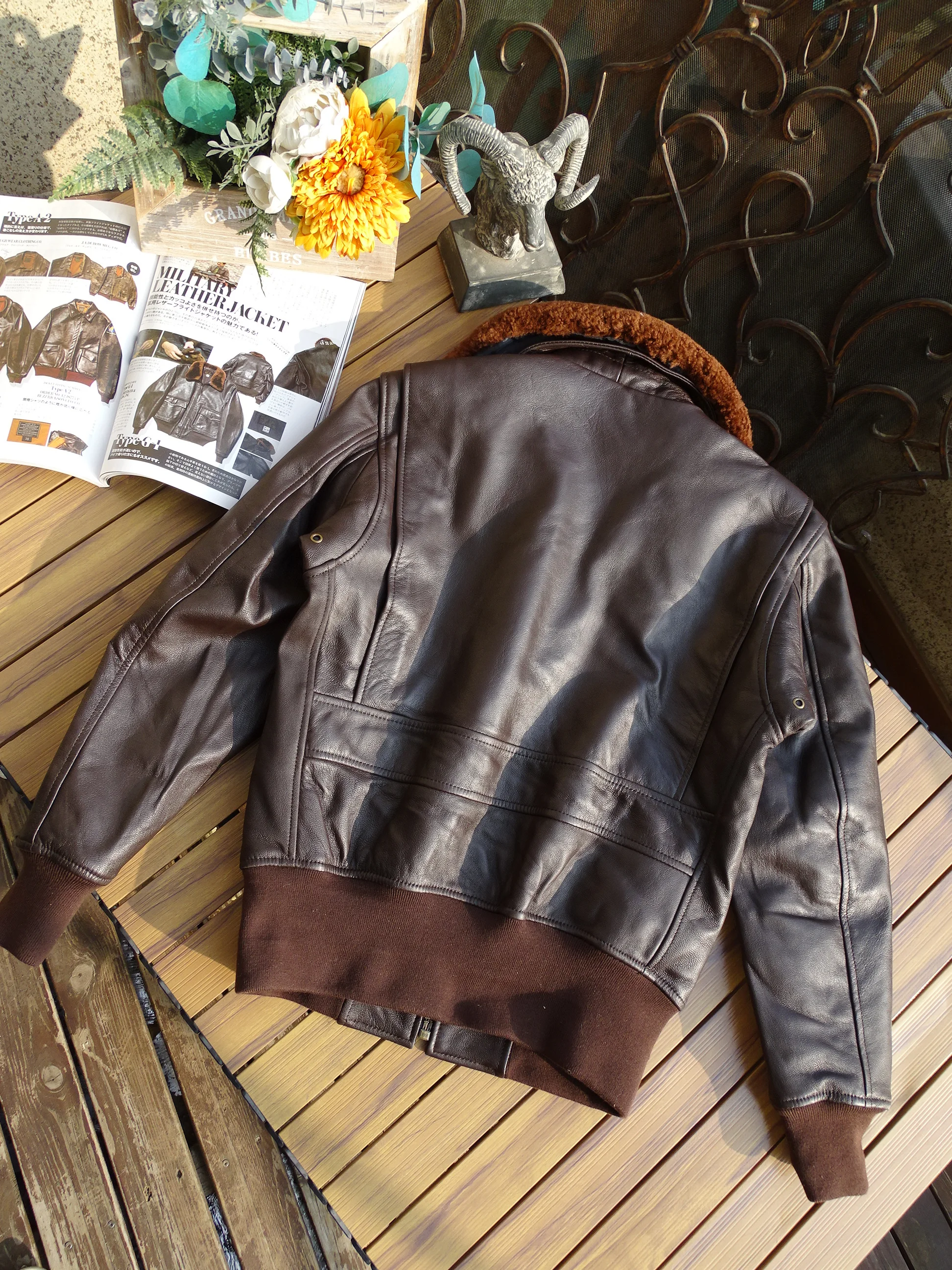 Men Spring Autumn Coat Genuine Goatskin Leather Jacket for Pilot Biker Couples\' Windbreaker Outerwear Military Style Brown XXXL