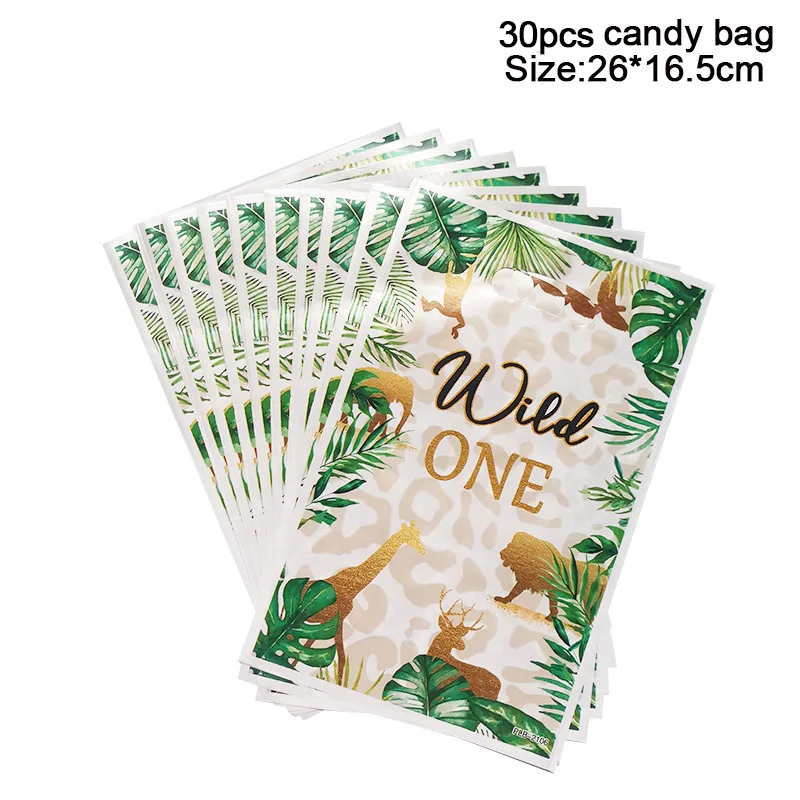 30pcs Wild One Palm Leaves Animal Candy Gift Bag Jungle Safari Birthday Party Packaging Bags Kids Baby Shower Decoration Favors