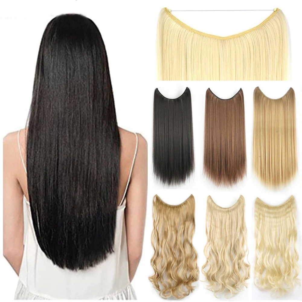 

Soowee 22'' 26'' Long Straight Blonde Synthetic Halo Hair Extensions Fish Line Invisible Hairpiece Extension Fake Hair for Girls