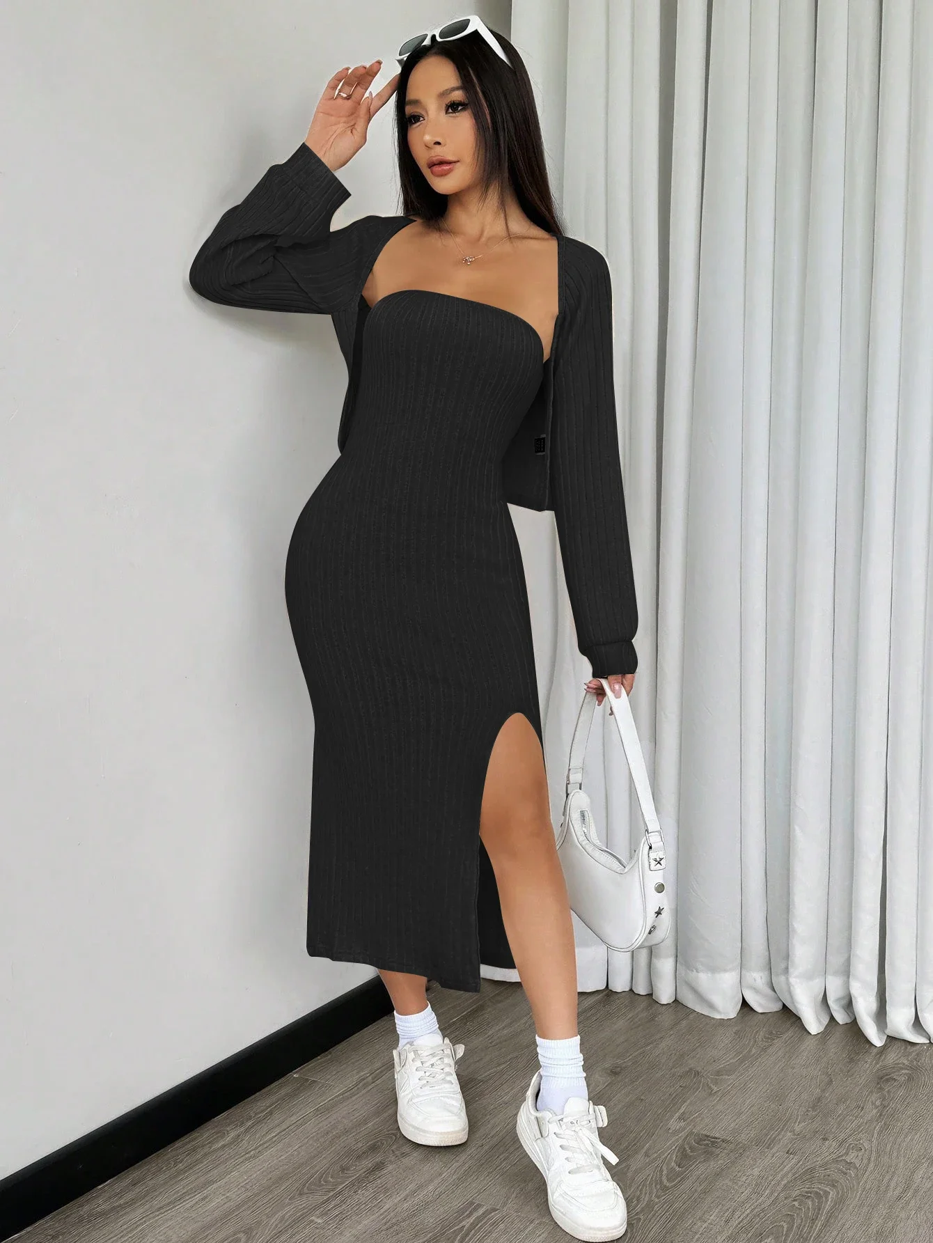 Effen bodycon-jurk met asymmetrische zoom en open jasje aan de voorkant, pure kleur open split, strakke pasvorm jurk en open jas aan de voorkant