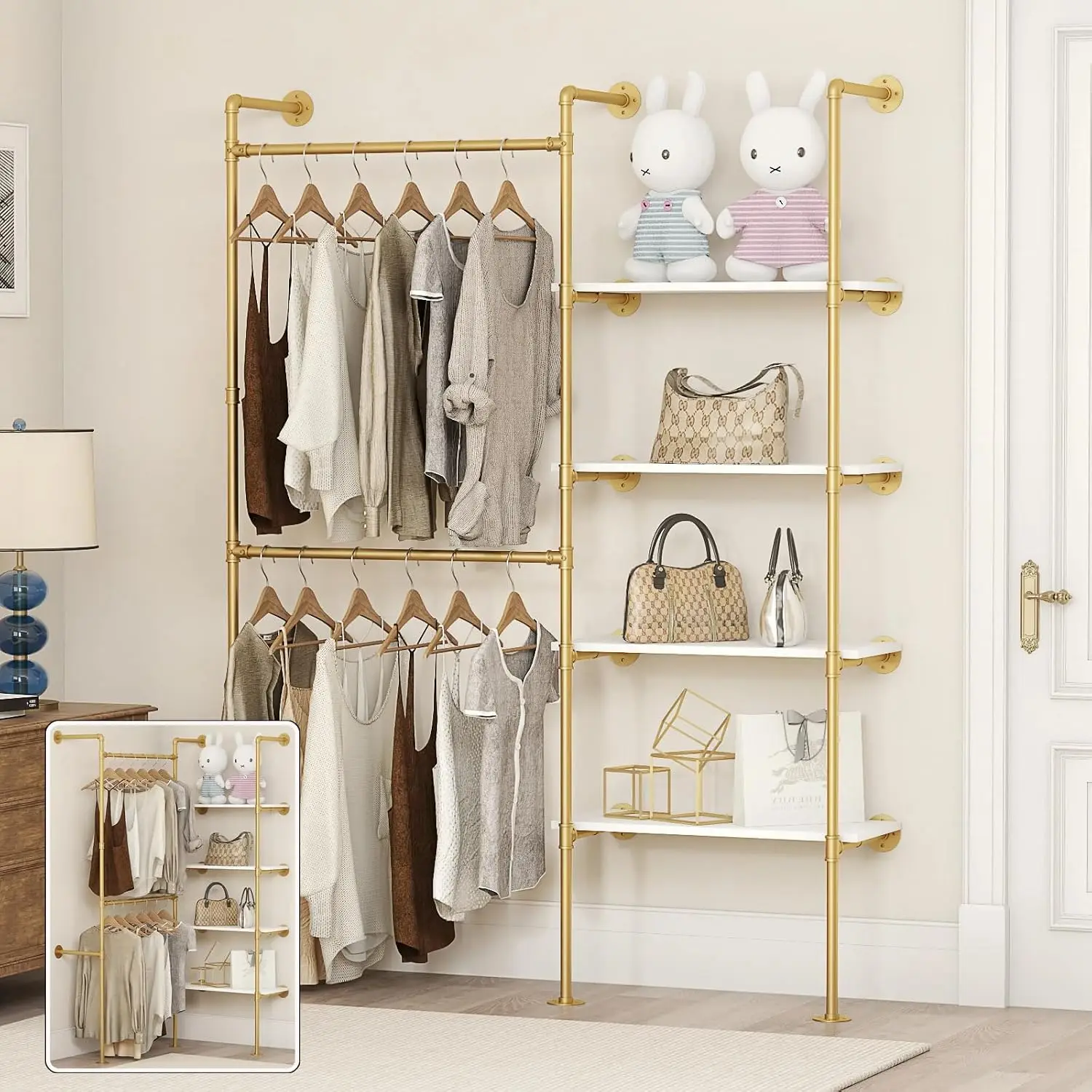 Heavy Duty Industrial Pipe Garment Storage Organizer Adjustable Multi Tier Storage Shelves Dual Installation Frame Gold Household Wardrobe Hanging Clothing Arrangement System