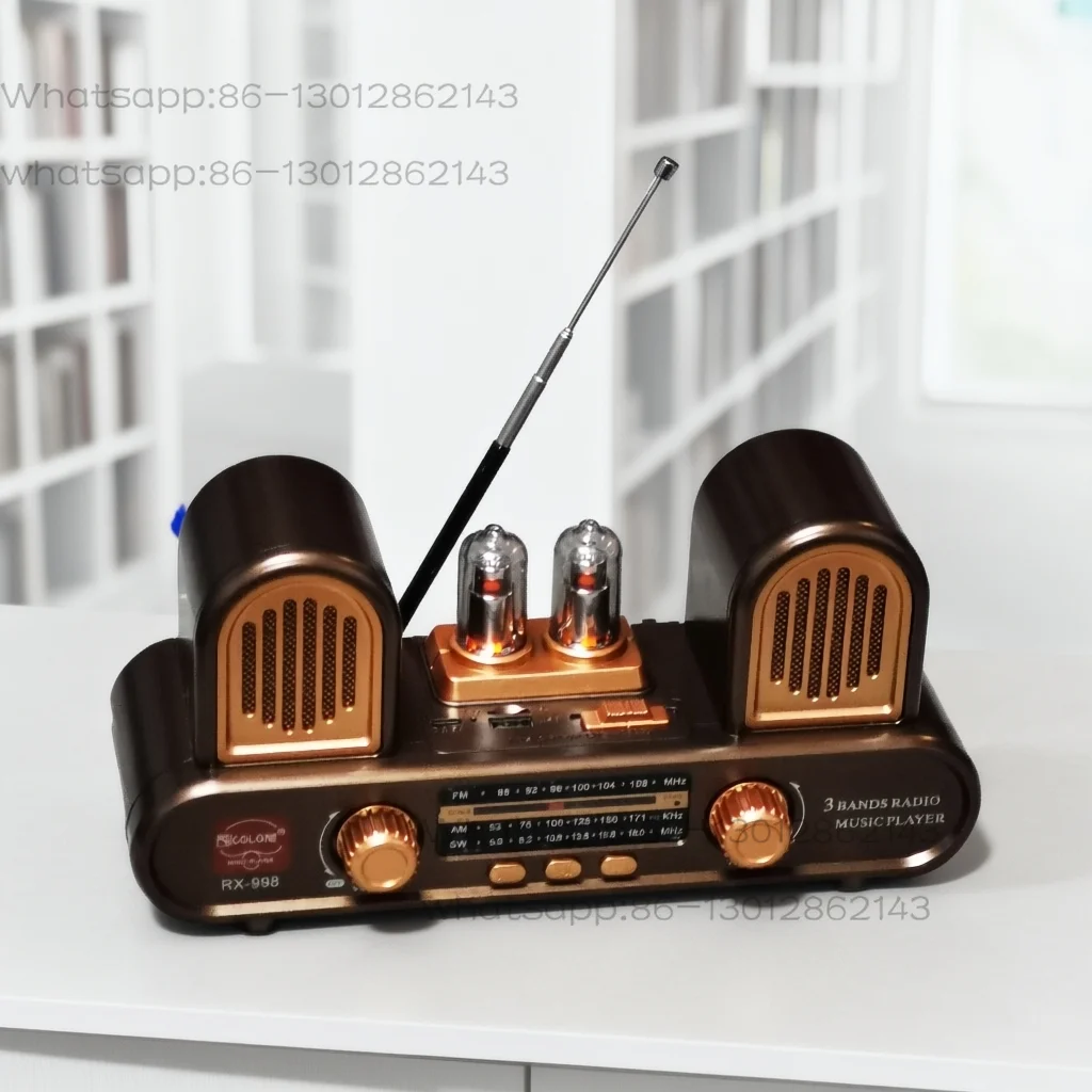 Rádio estéreo de dois canais FM, onda média, onda curta, alto-falante Bluetooth, estéreo com entrada para cartão.