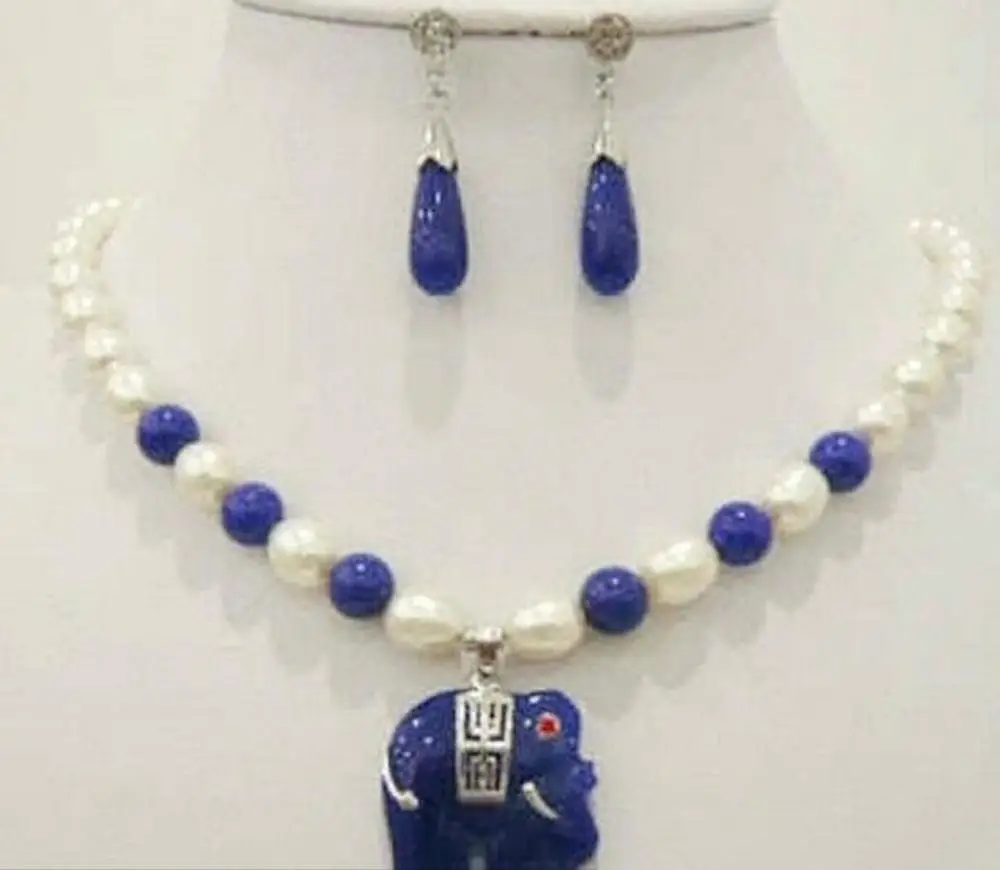 

Natural white rice pearl blue jade elephant pendant necklace earrings Set