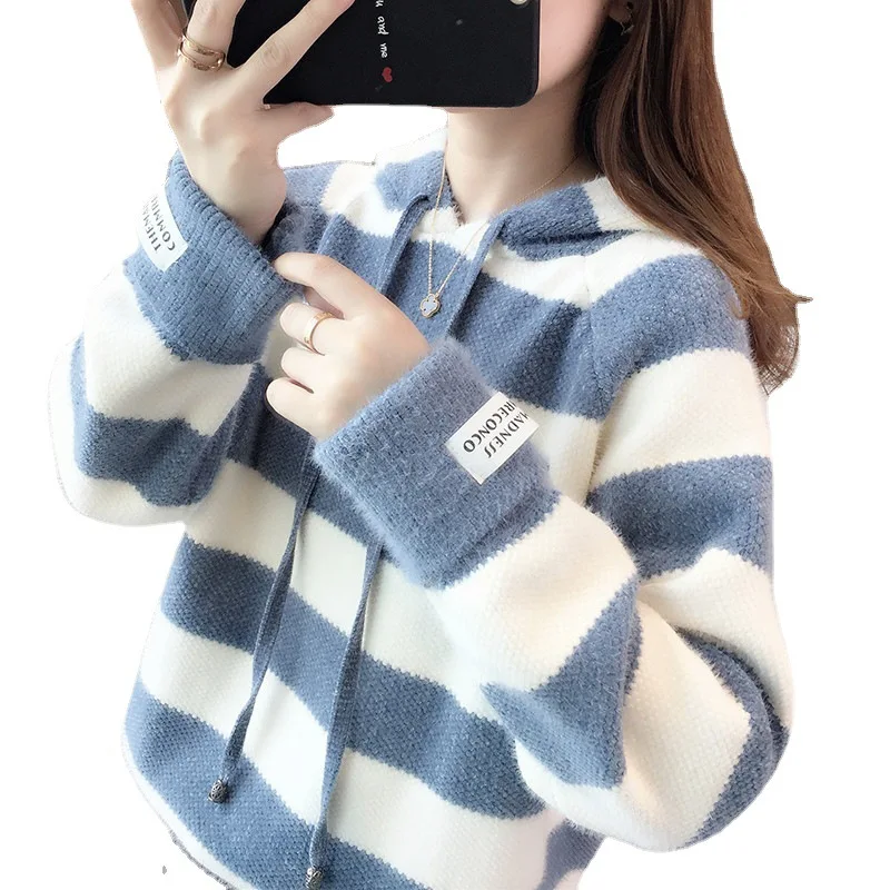 الفتيات فضفاضة محبوك هوديي ثي الملابس الشتوية لطلاب المدارس الثانوية الحلو Sle شريط نمط طويل Sve سترة #5