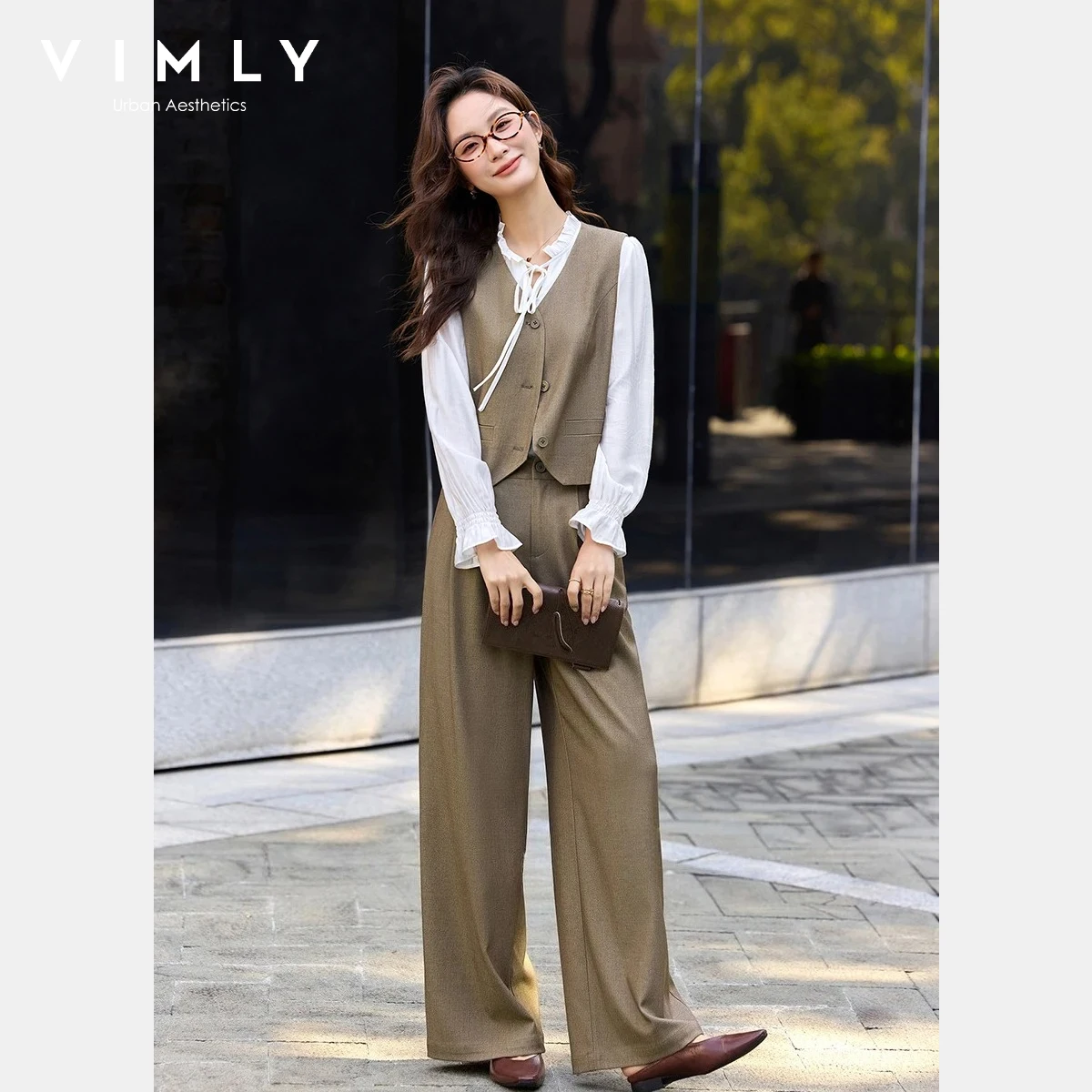 VIMLY Women's Minimalist Two-Piece Set 2026 Spring New Elegant Sleeveless Vest Wide Leg Trouser Casual Commute Pant Sets A3813