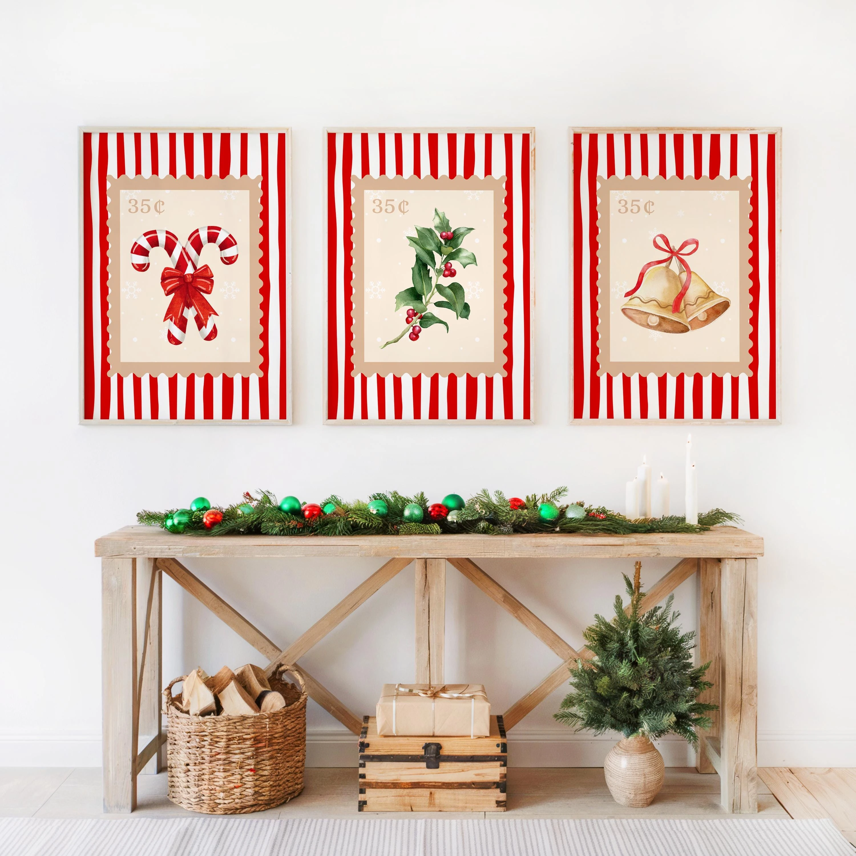 Christmas Stamp Prints Set of 3 Retro Christmas Wall Art for Trendy Holiday Decor Canvas Poster Prints Home Bedroom Decor Gift