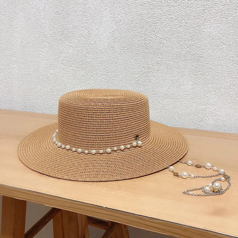 New Women Summer Hats Straw Sun Hat Panama Elegant Straw Fedoras Lady Girl Outdoor Vacation with Pearl Chain Sunshade Beach Hat