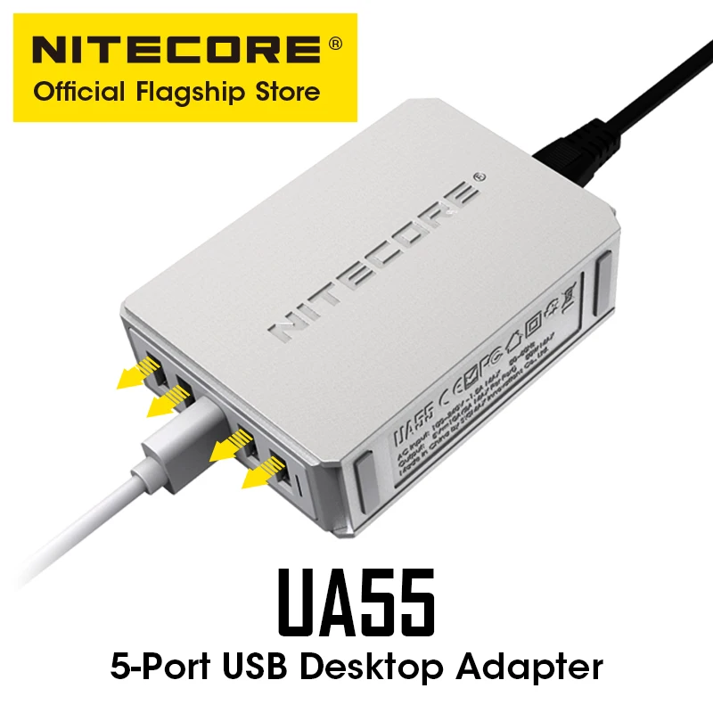 Многопортовый USB-адаптер NITECORE UA55, высокоскоростная Быстрая зарядка для 5 устройств, телефонов, планшетов, кабель питания переменного тока, 50 Вт