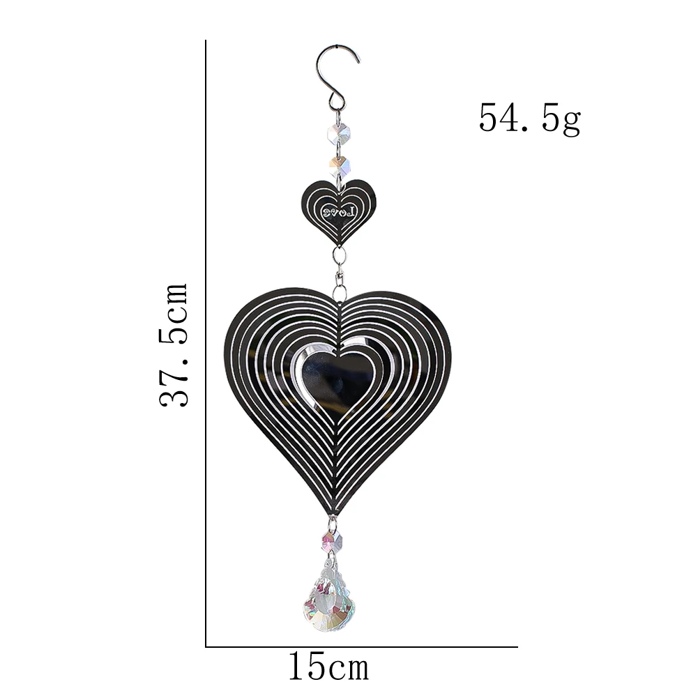 E9 Heart Wind Spinner Turn 3D Flowing-Light Effect Crystal Suncatcher Wind Chimes Sculptures Hanging Hook Window Garden Decor