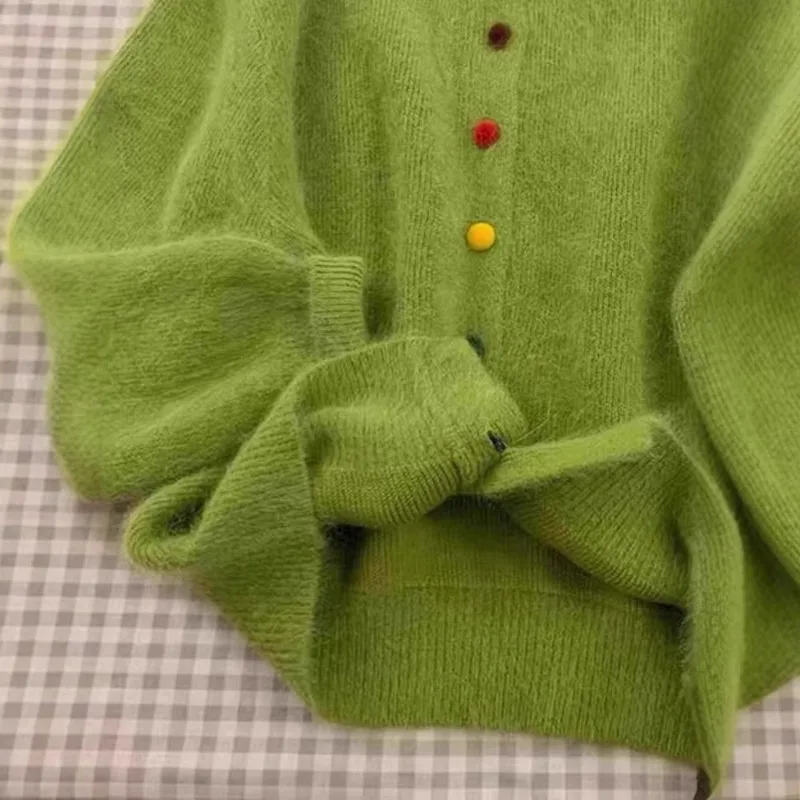 Retro Green Top Colorful Buttoned Sweater Jacket for Women Spring Autumn Loose White Knitted Cardigan