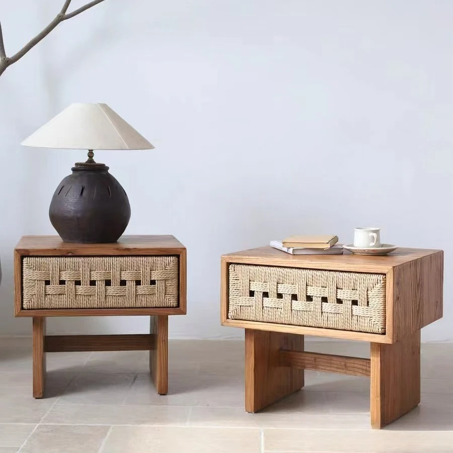 Wabi Sandy Wind Old Elm Bedside Table Homestay Retro Style Bedroom Drawer Storage Cabinet Solid Wood Storage