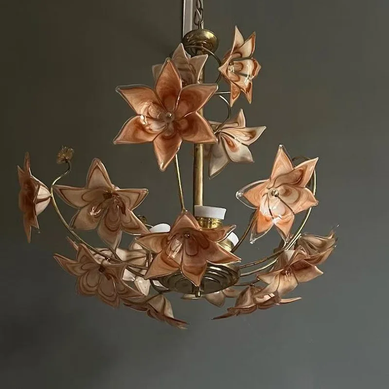 French Vintage Murano Hand Blown Glass Pendant Lamp Brass Blue Orange Finish Dimmable Ceilings Lustre Lighting