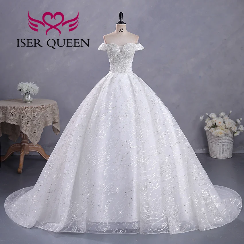 Customized Luxury Pearls Beaded Wedding Dress 2024 New Off The Shoulder Gilter Tulle Europe Quality Wedding Dresses WX0420