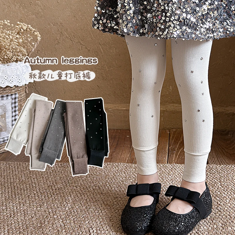 Little Girls Sweet Spring Autumn Footless Tights Full Coverage Shiny Silver Star Embellishments Soft Elastic Nine‑Point Leggings