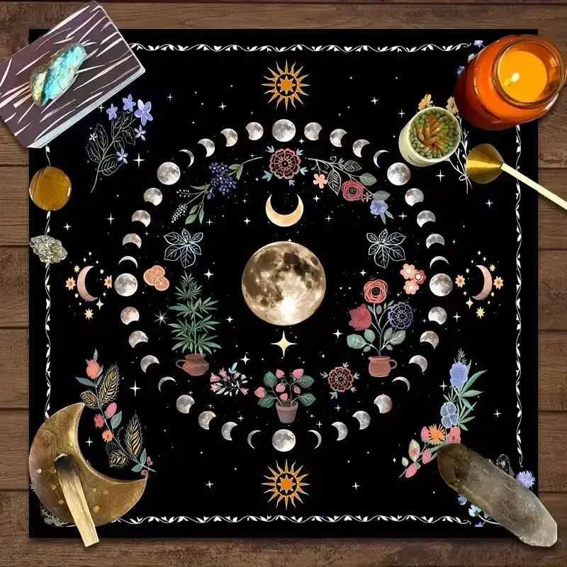Tarot Altar Cloth Black Floral Moon Phase Full Moon Star Divination Mat for Wicca Witchcraft Spiritual Tarot Reading Table Decor
