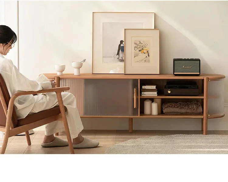 Living room floor-to-ceiling solid wood TV cabinet, simple modern storage side cabinet