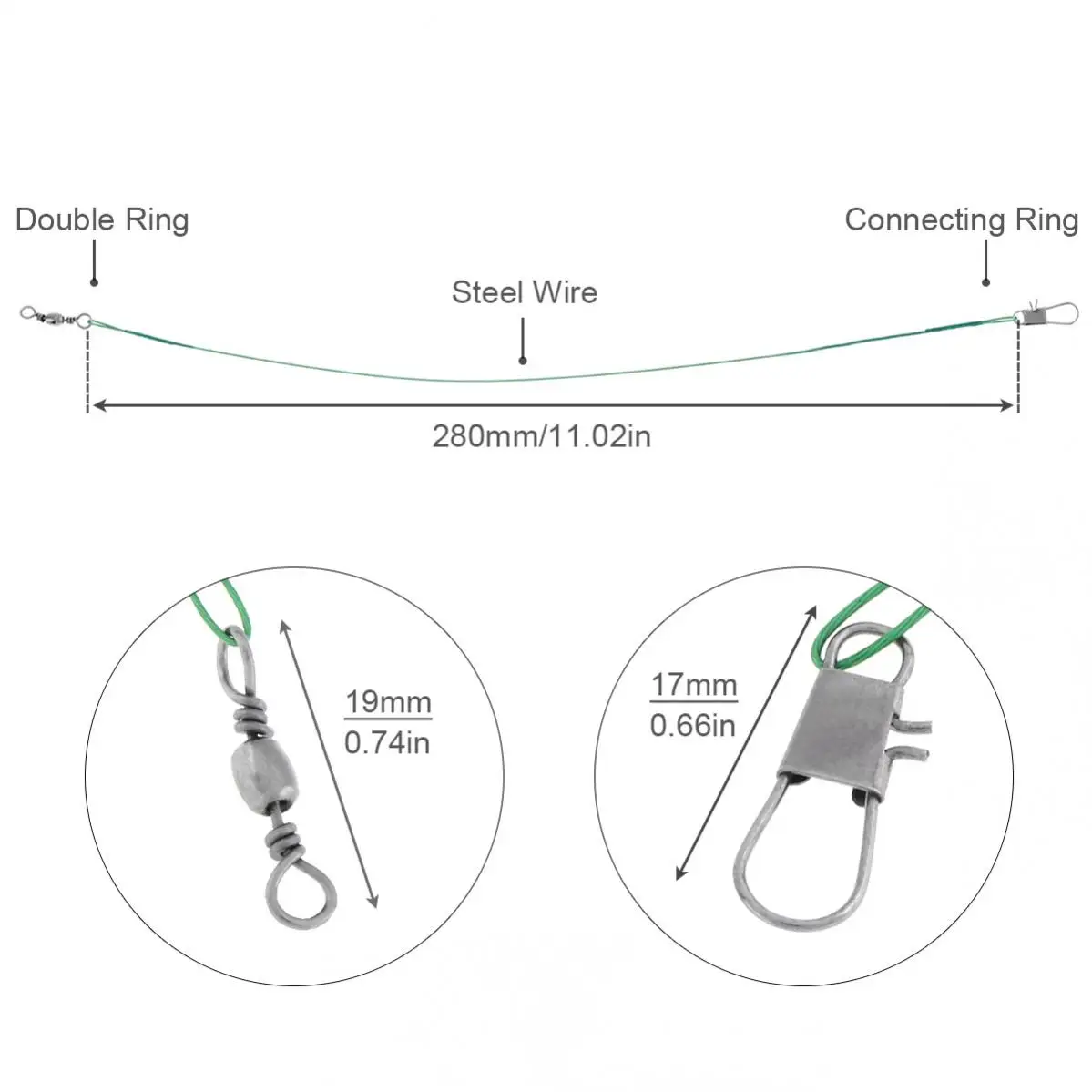 10pcs 28cm/11inch Fishing Leaders Wire 125LB Heavy Duty Anti-bite Steel Line with Swivels and  Snaps