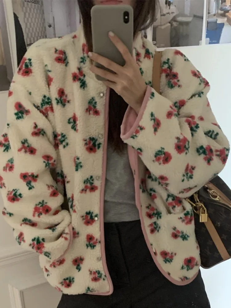 

Floral Lamb Fur Jaet Women's Double-Sided Wear Color Blo Warm Cotton Coat Spring Autumn Winter Faion Korean Sle