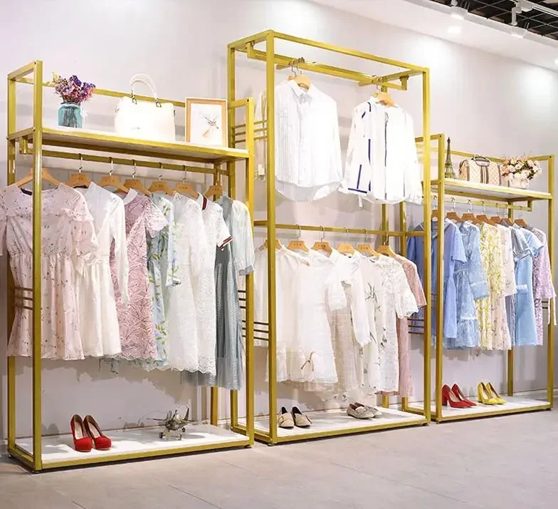 

Golden Clothing Shop Solid Wood Display Shelf, Ground-type Double-deck Shelf Shop Side-hanging Clothes Shelf for Men and Women