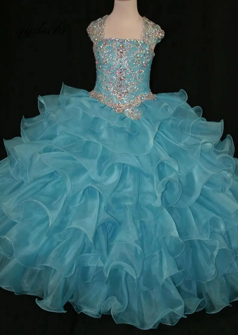 Aqua Blue Luxury Sparkling Crystals Beading Girls Pageant Gown Puffy Organza Kids Clothes Party Prom Dress Flower Girl Dress