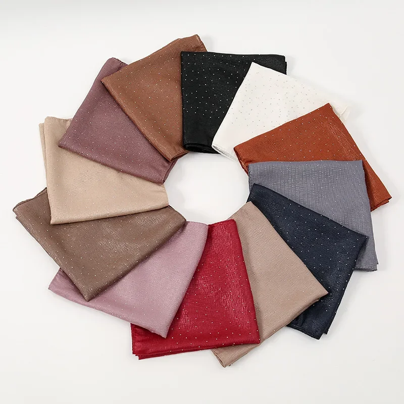 

90*90cm Plain Wrinkle Rhinestone Square Scarf For Women Muslim Hijab Shawl Fashion Headband Femme Headscarf Turban Head Wrap New