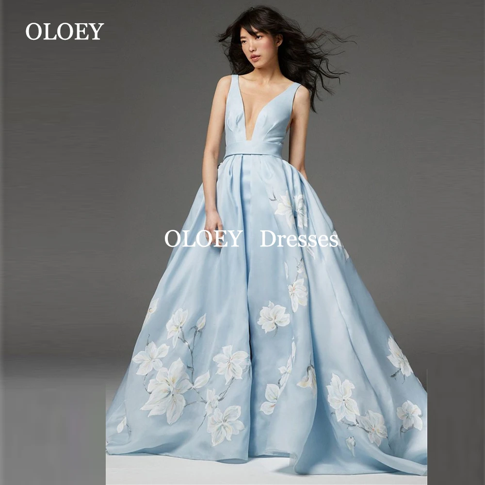 

OLOEY Elegant Light Blue Floral Prom Dresses Floor Length V Neck A Line Wedding Party Gowns Backless Buttons Pleats Customized