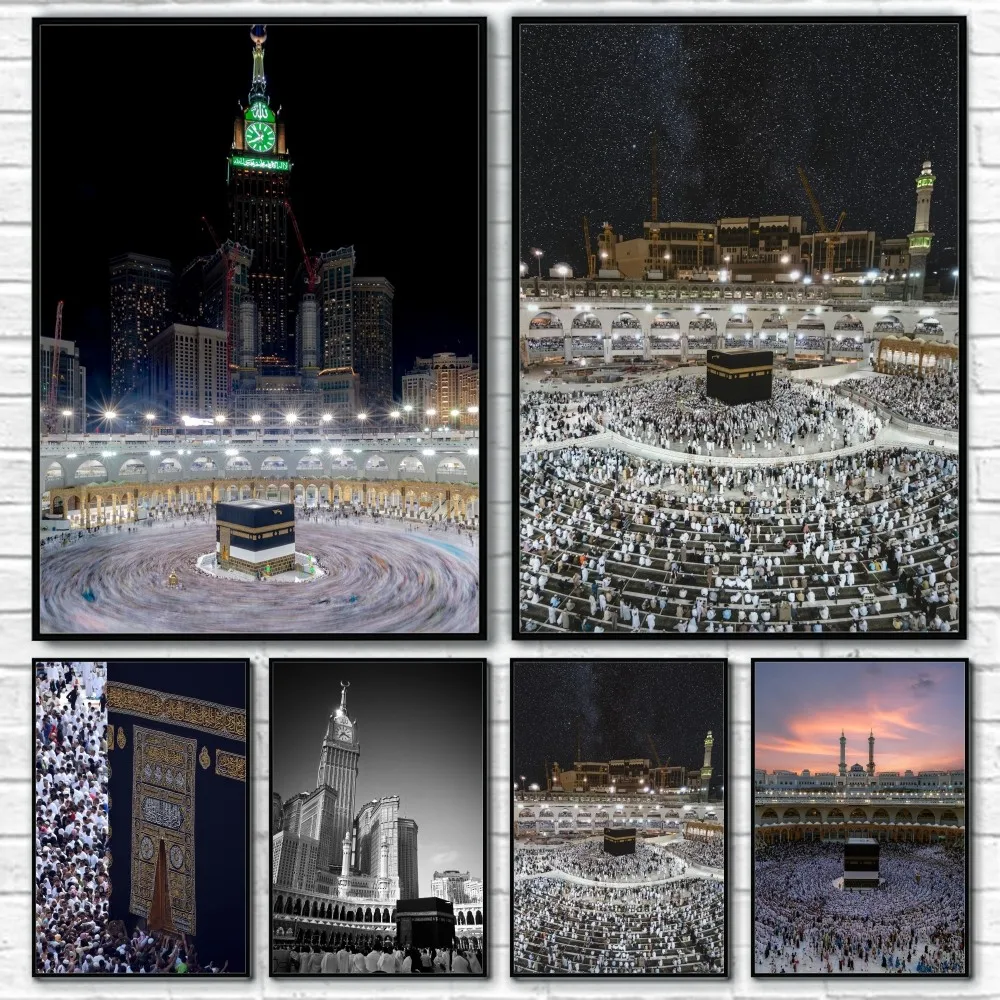 Waterproof Home Living Bed Room Bar Hallway Aesthetic Decor Night Mecca Worship Islamic Poster Canvas Wall Art Printing
