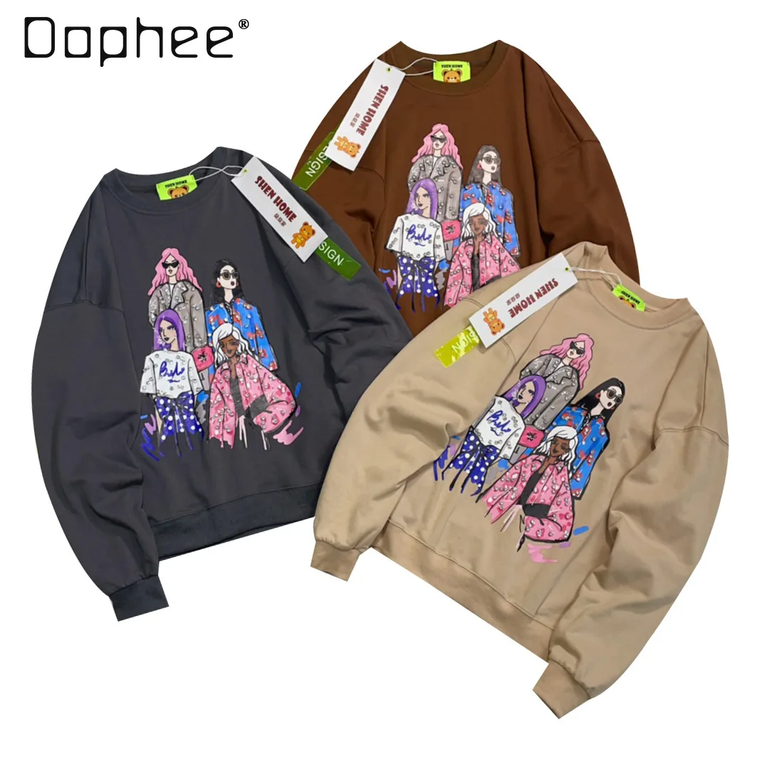 

2024 Autumn New Casual Sweatshirts Diamond-Embedded Cartoon Character Printed Round Neck High Street Pullover Hoodie Coat Women