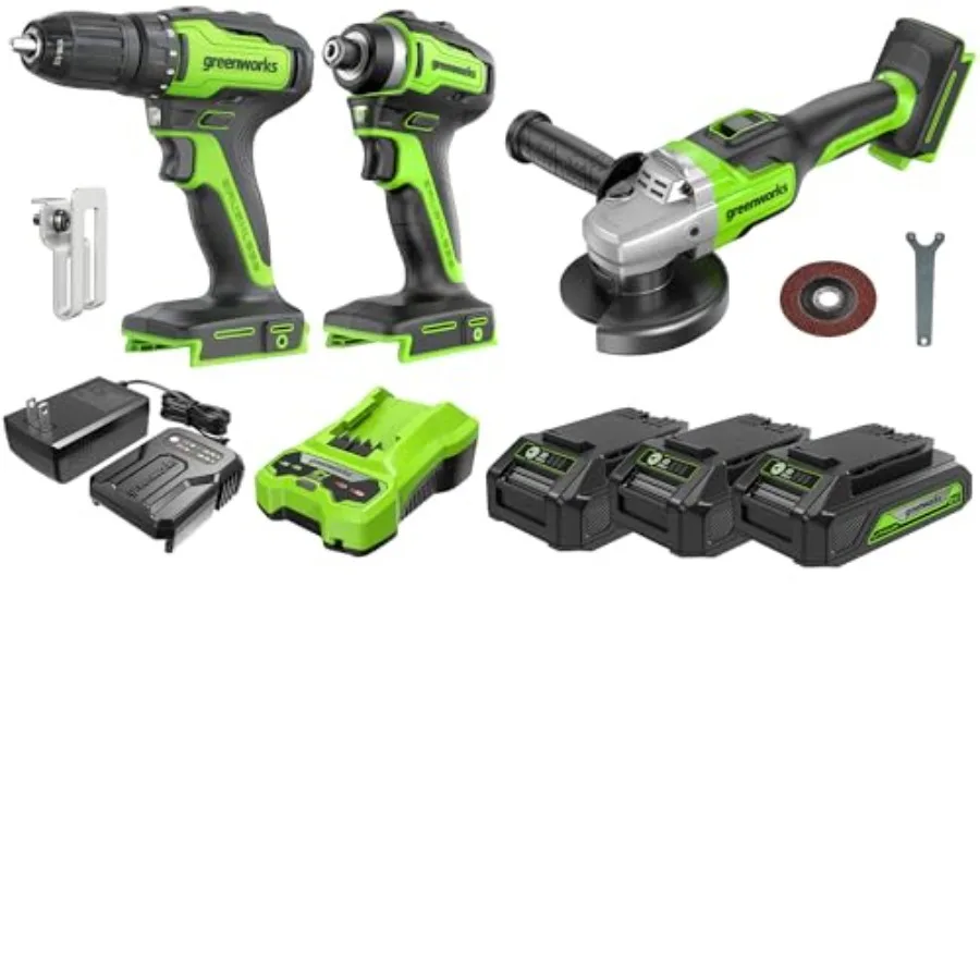 

24V Brushless 3 pcs Cordless Power Tool Combo Kit Drill Driver Angle Grinder Impact Driver 4Ah Battery 2Ah Battery 2 Chargers