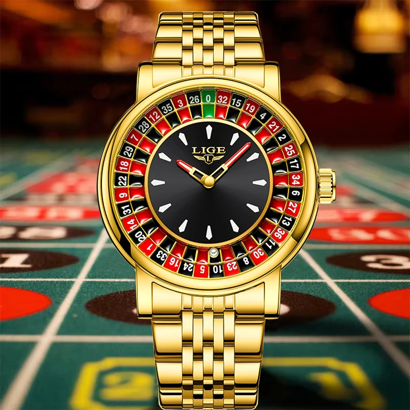 ساعات كوارتز أنيقة من LIGE للرجال عالية الجودة وطاولة قمار إبداعية كاجوال مقاومة للماء من الفولاذ المقاوم للصدأ + صندوق
