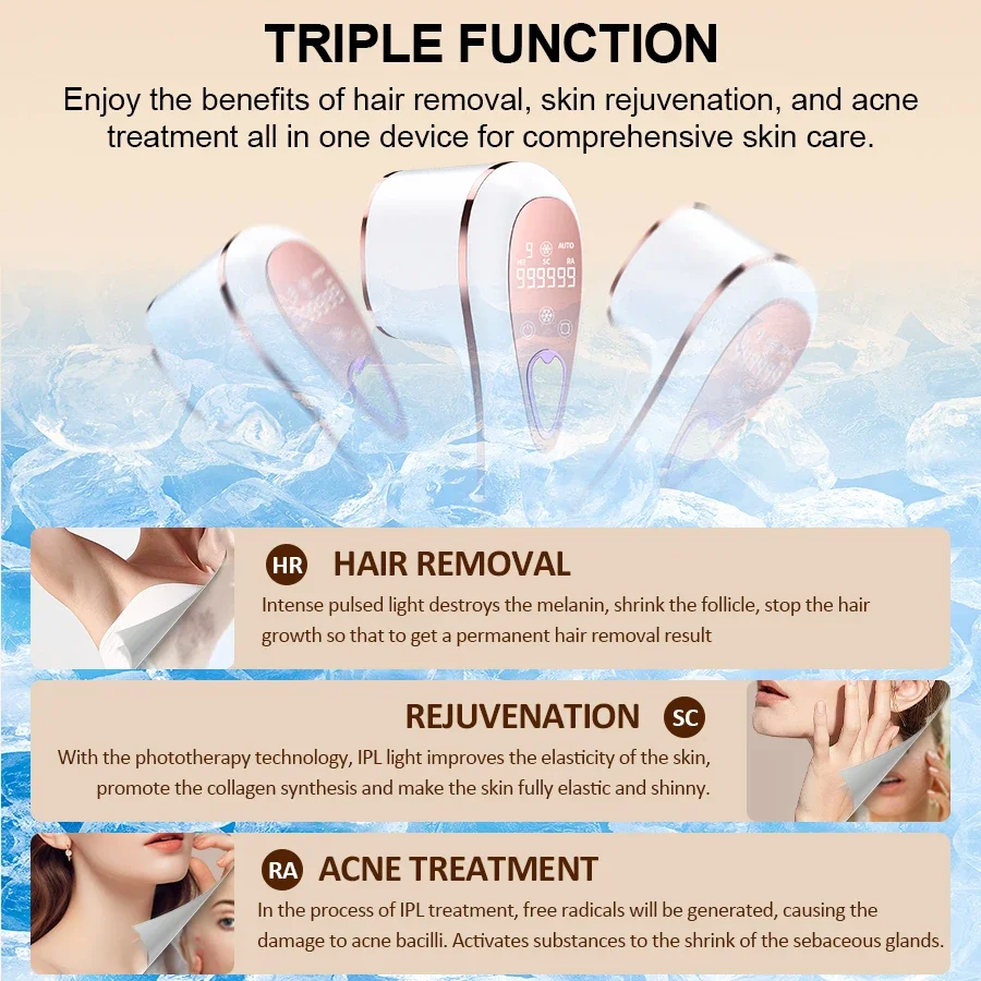 3 in 1 IPL Hair Removal with Ice Cooling for Women Permanent Painless Laser Hair Remover Tool Bikini Trimmer Facial Hair Epilato