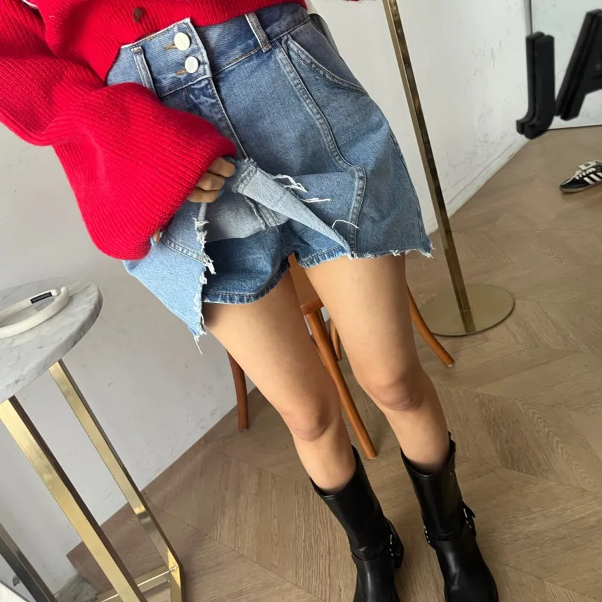 SML Blue Denim กระโปรง 2025 สไตล์อเมริกันสูงเอวกระโปรงมินิกระโปรงผู้หญิงสายกางเกงยีนส์กระโปรงสไตล์ (XHN1533