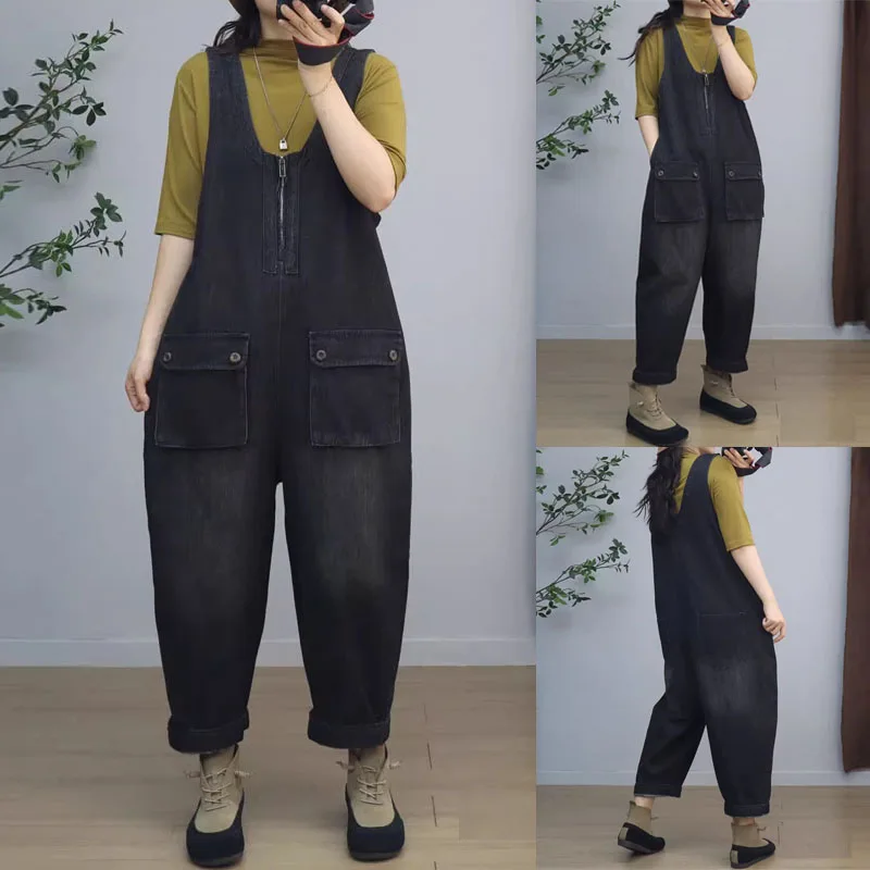 

Ретро джинсовый комбинезон с V-образным вырезом, женский, свободный крой, брюки 7/8, антивозрастной эффект, модные свободные леггинсы, весна 2026, хлопок