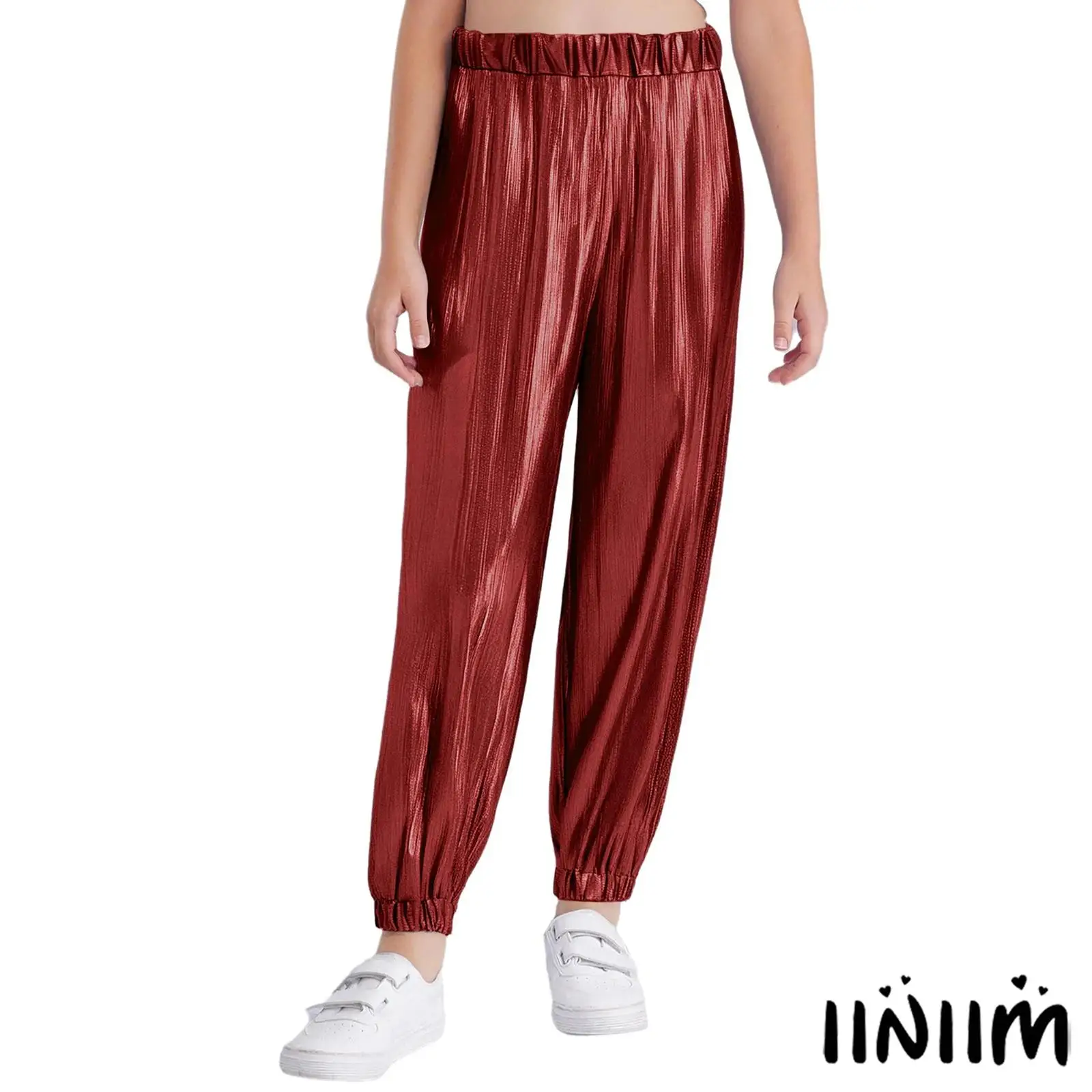 

Hip-Hop Jazz Dance Kids Girls Pants Sparkling Ribbed Metallic Appearance Street Dance Practice Costume Elastic Waistband Pants