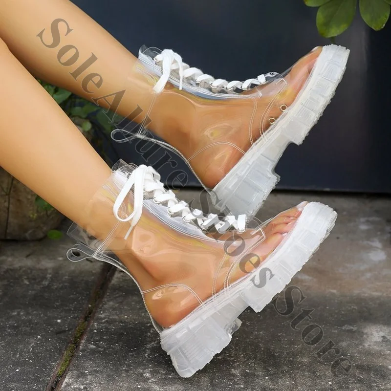 

Clear Transparent PVC Lace-Up High Top Sandals White Thick Block Lug Sole Metal Eyelet Ankle Boots